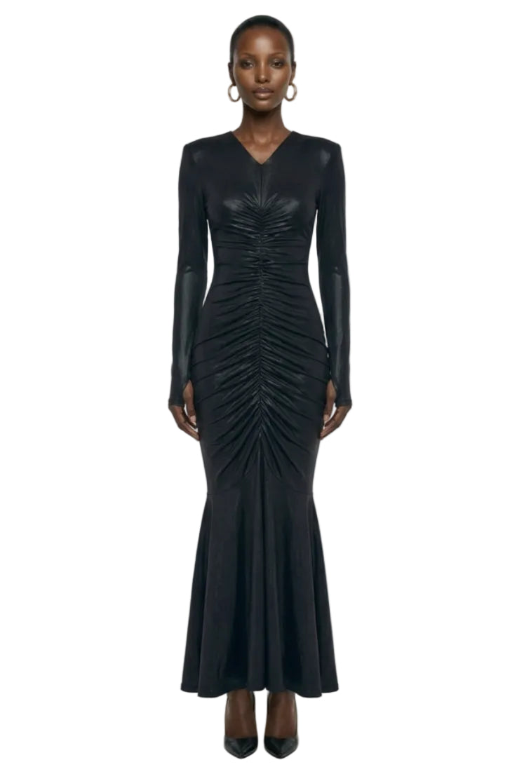 LONG SLEEVE V NECK SHIRRED FISHTAIL GOWN
