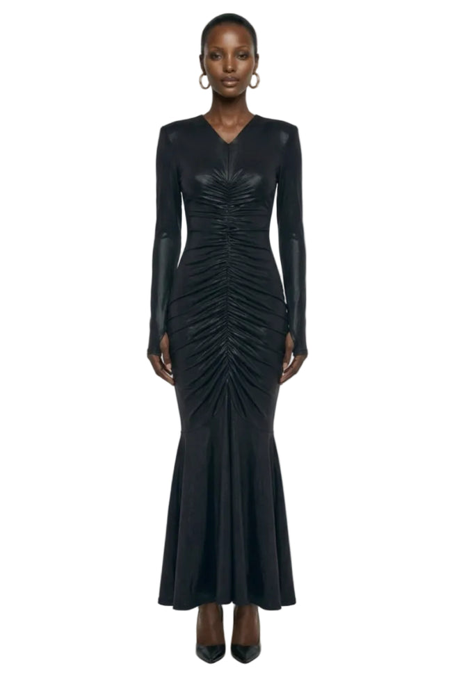 LONG SLEEVE V NECK SHIRRED FISHTAIL GOWN Hover Image