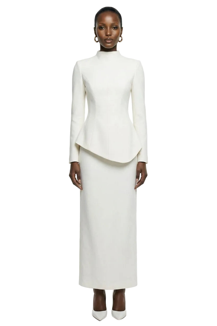 Pepita | Cream High-Neck Tailored Maxi Dress With Drop-Waist And Satin Skirt