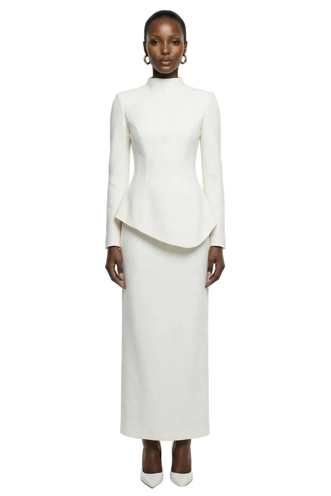 Pepita | Cream High-Neck Tailored Maxi Dress With Drop-Waist And Satin Skirt Hover Image
