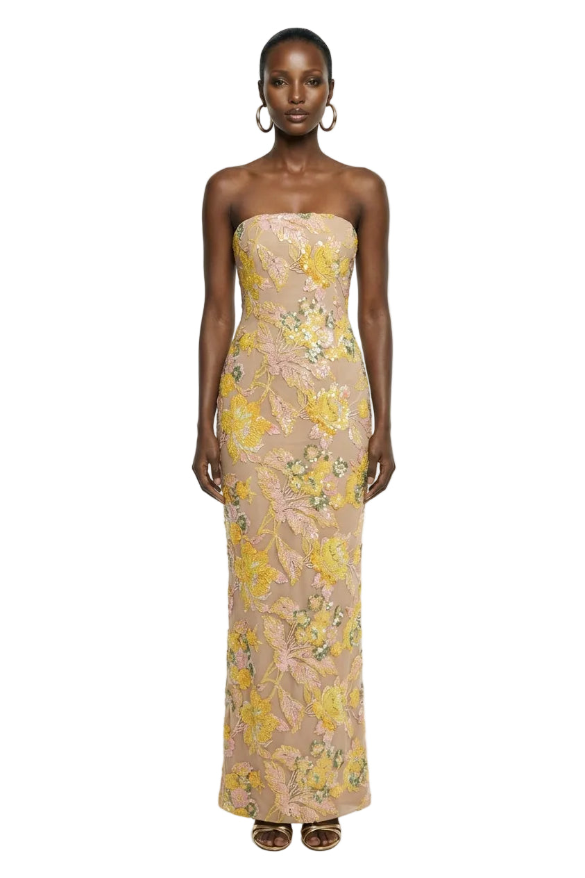 Severn | Yellow Embellished Floral Bandeau Maxi Dress