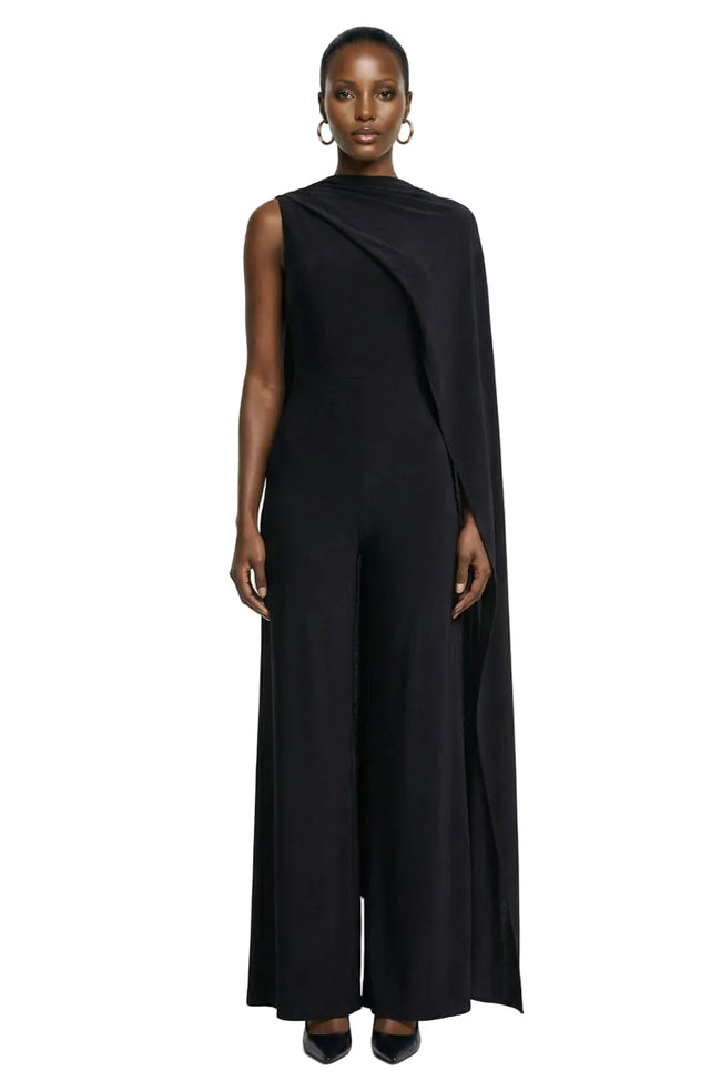 Seema | Black High-Neck Jumpsuit With Cape Hover Image