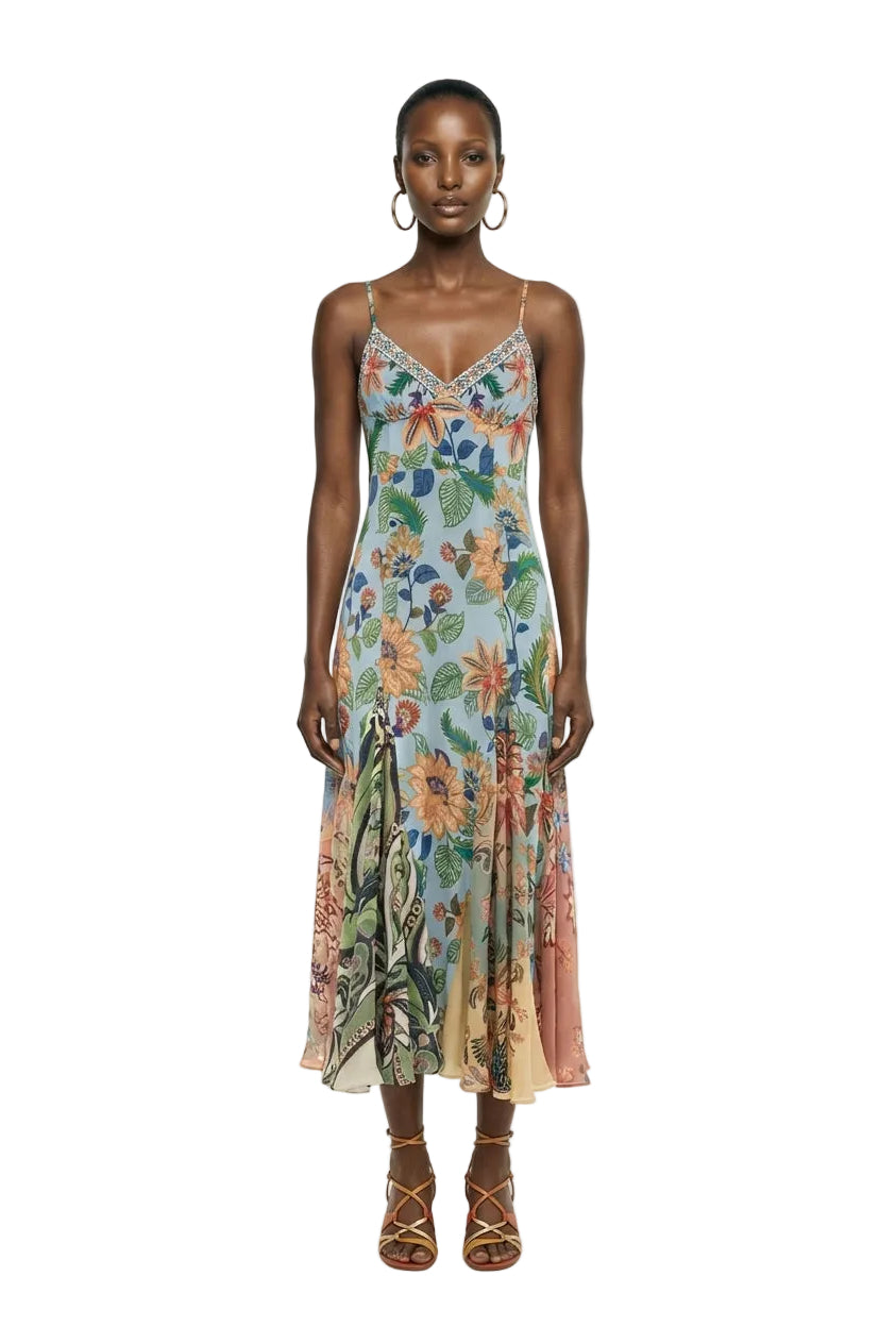Light Blue Floral Delhi Sleeveless Maxi Dress