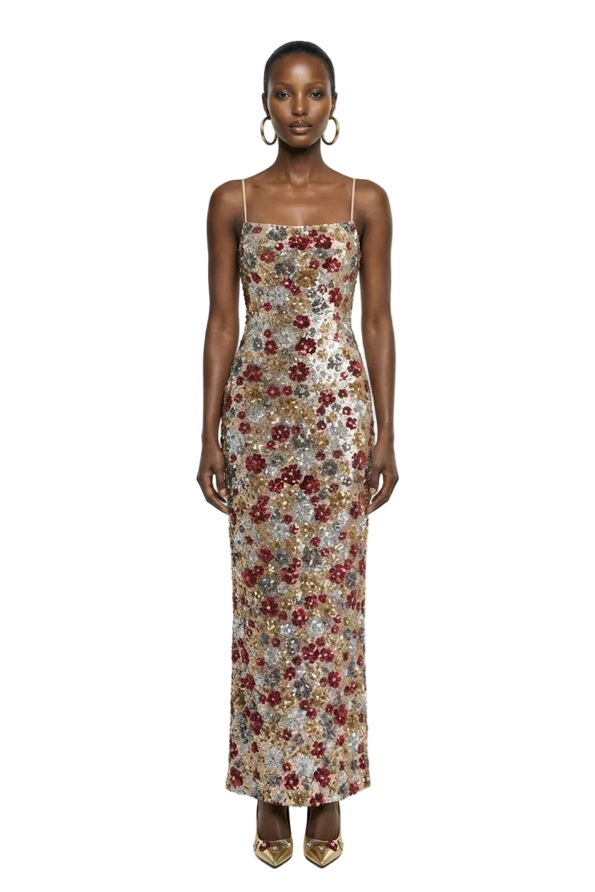 Vitora | Red Floral Embellished Sequin Square-Neck Maxi Dress