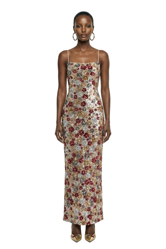 Vitora | Red Floral Embellished Sequin Square-Neck Maxi Dress Hover Image