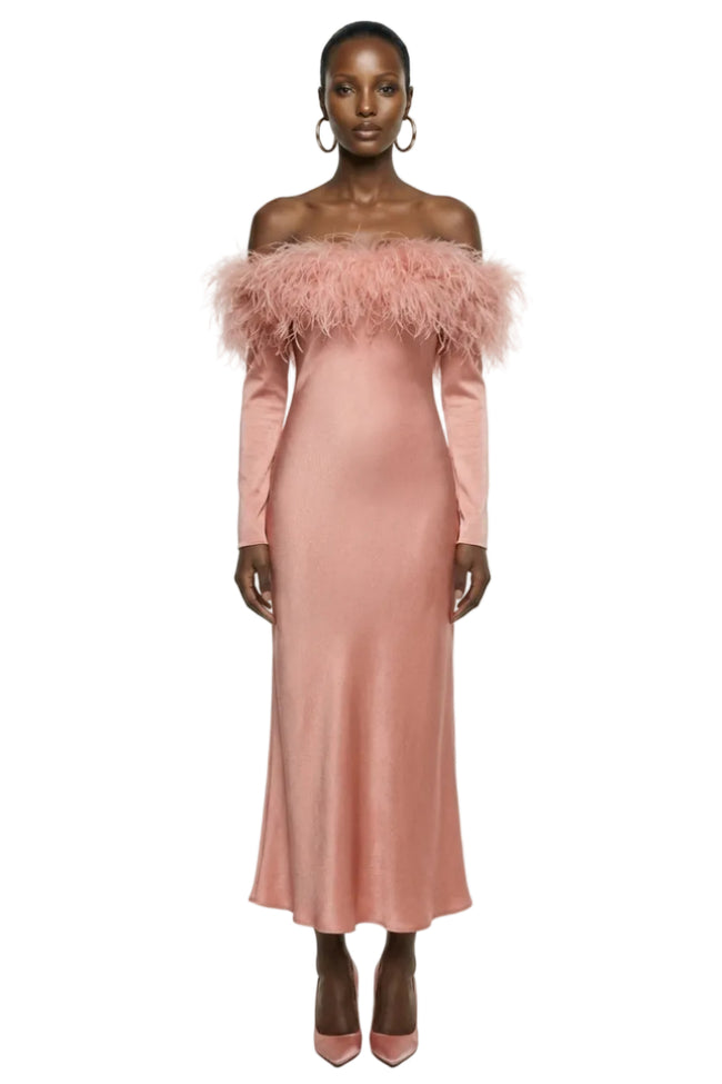 DIVA WOMEN'S FEATHER OFF-THE-SHOULDER DRESS IN CORAL | MANITO Hover Image