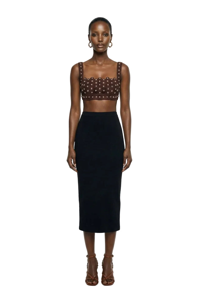 BRODERIE BACKLESS TOP IN BROWN | Zeynep Tosun Hover Image