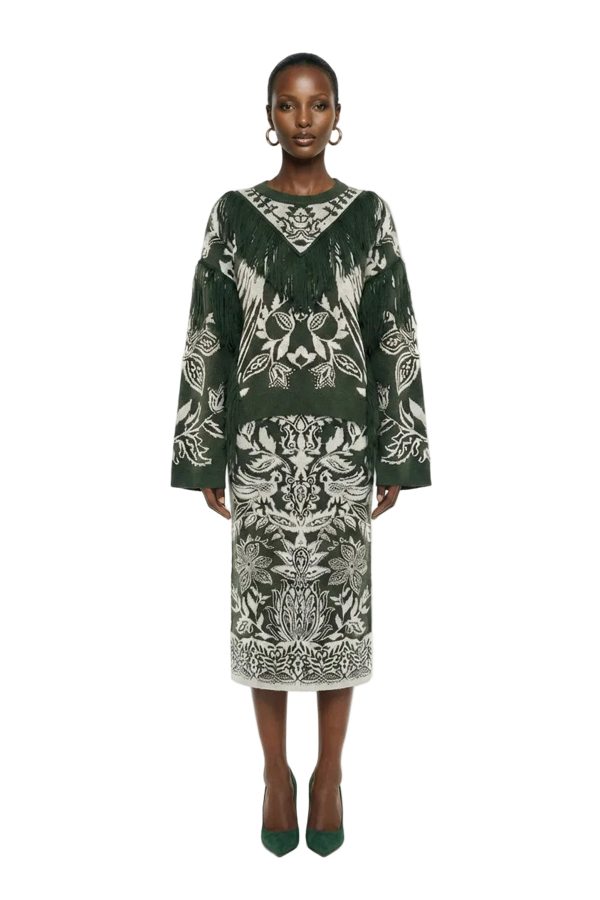 Dark Green Miranda Fringes Knit Sweater