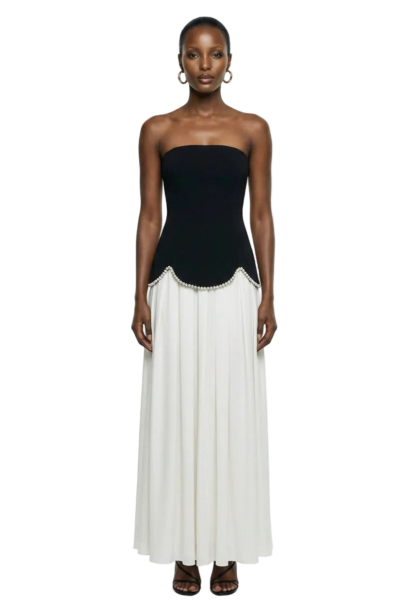 Wendy | Black And White Maxi Dress With Drop-Waist And Pearl Embellishment