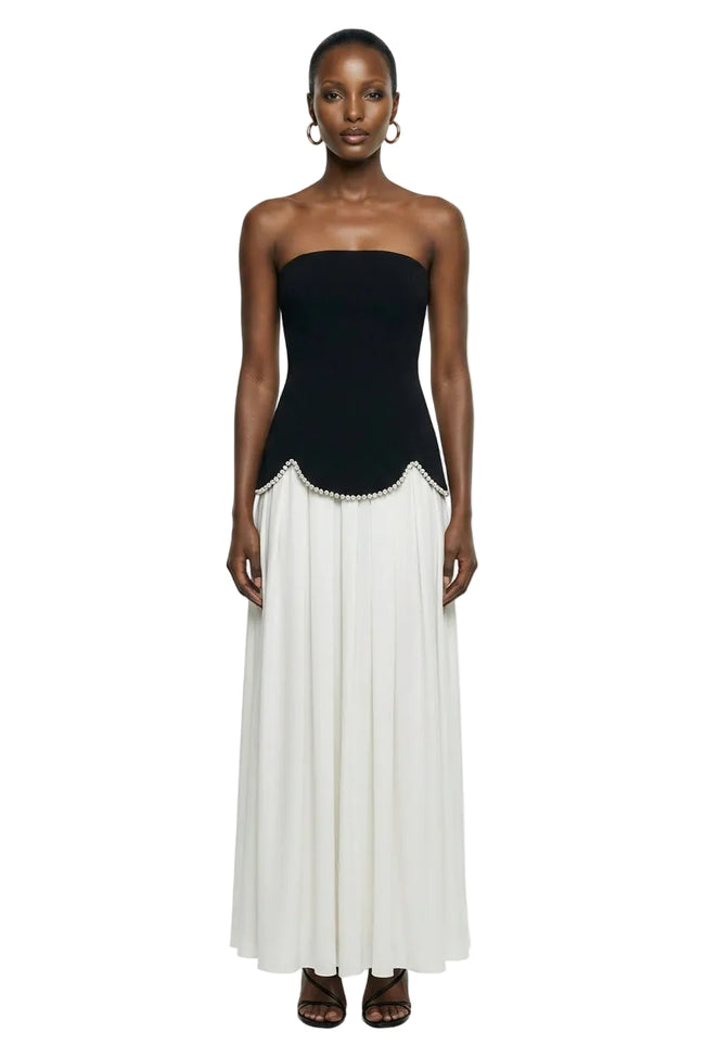 Wendy | Black And White Maxi Dress With Drop-Waist And Pearl Embellishment Hover Image