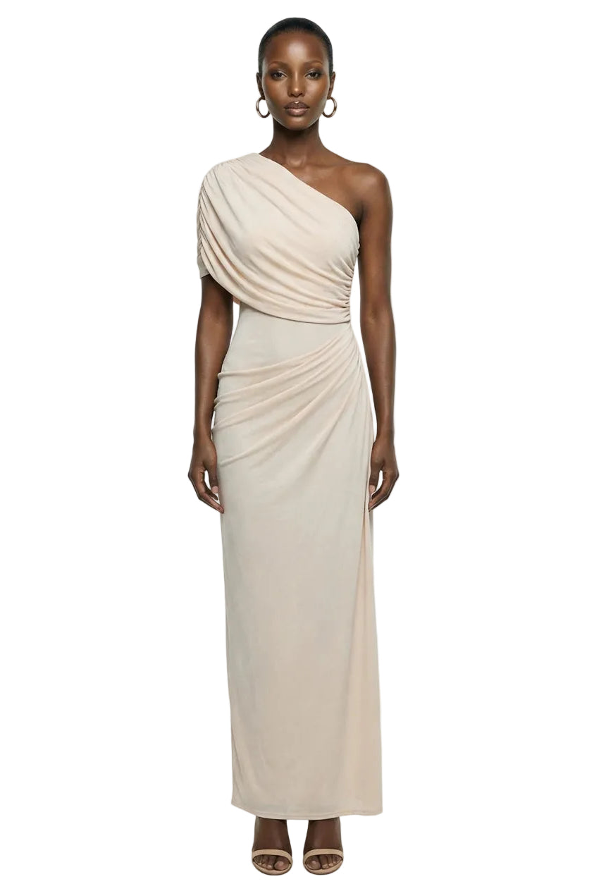 Iberia | Cream Asymmetric-Neck Maxi Dress With Draped Detail