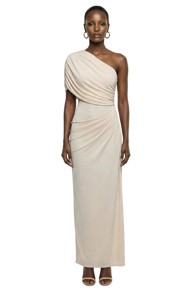 Iberia | Cream Asymmetric-Neck Maxi Dress With Draped Detail Hover Image