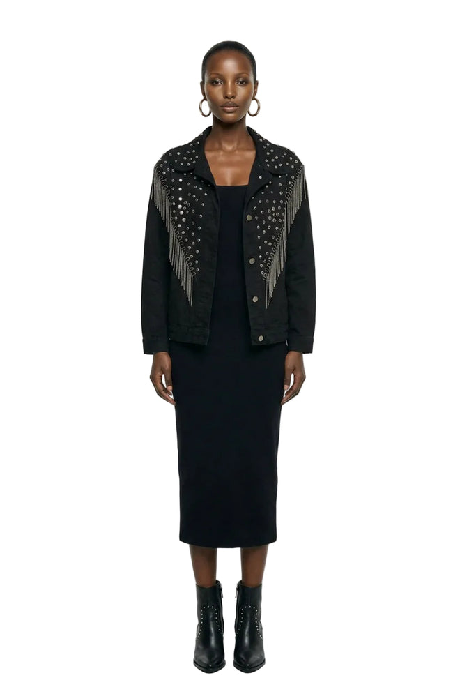 Black Cropped Blazer with Studded Fringe Embellishment Hover Image