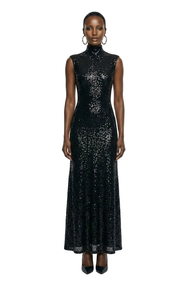 Cecy | Black Sequin High-Neck Maxi Dress With Cap Sleeves Hover Image