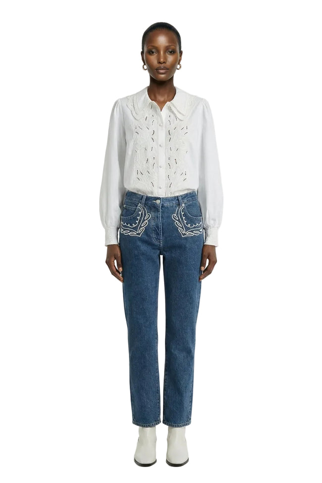 Off-White Embroidered Lace Buttoned Smocked Cuff Shirt Hover Image