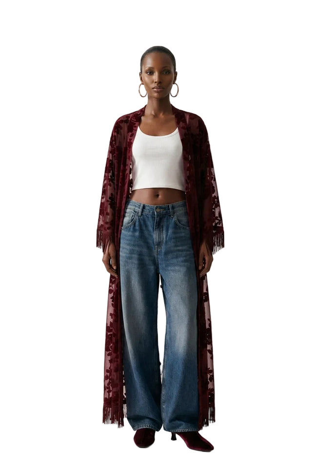 [PRE-ORDER] Fringe Trim Sheer Kimono Hover Image