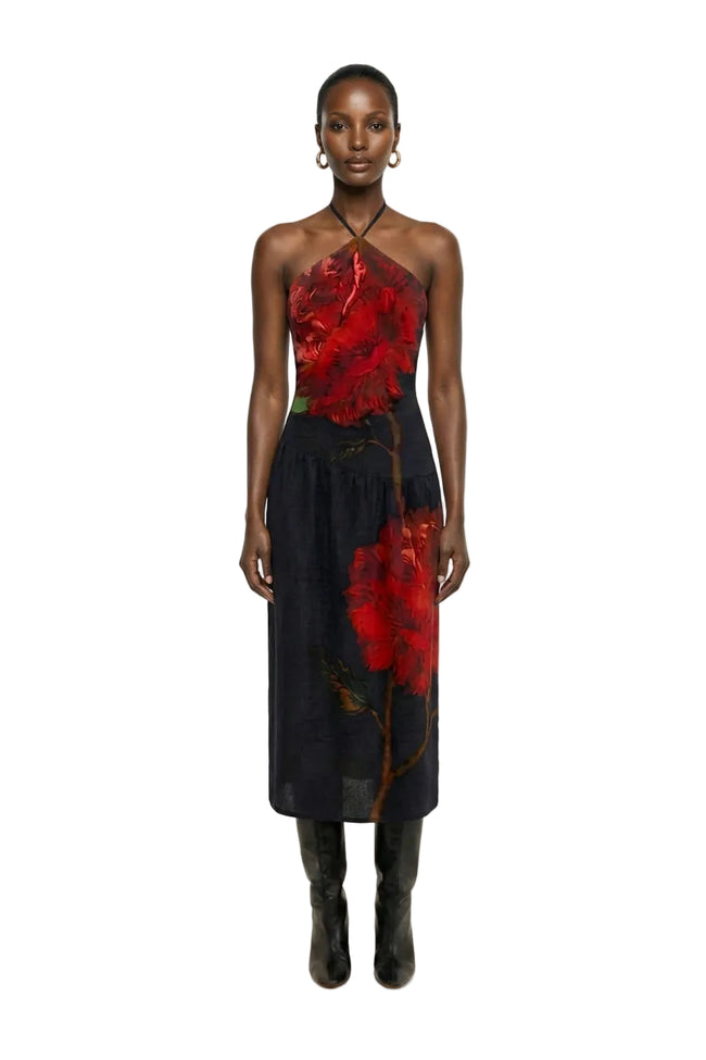 Black Rosalia Artisanal Lenzing Ecovero Euroflax Midi  Dress Hover Image