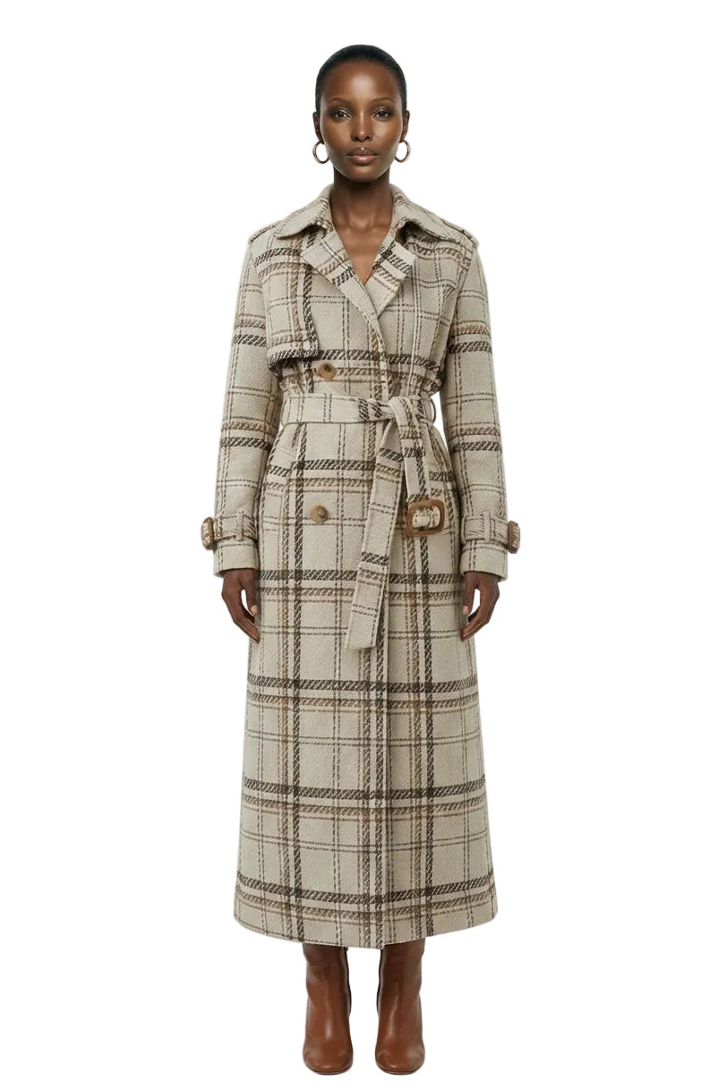 [PRE-ORDER]  Chic Trench-Inspired Plaid Coat with Asymmetrical Colla