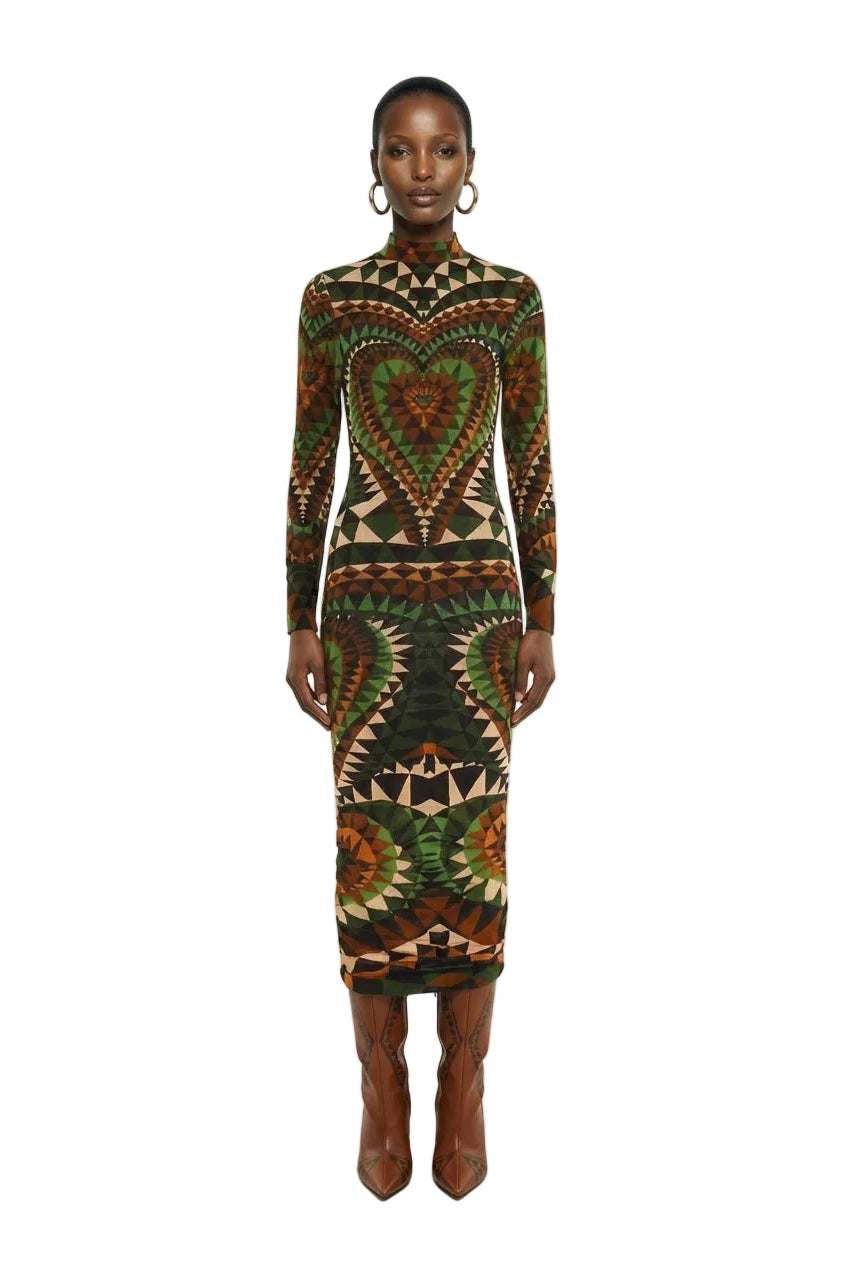 Multicolor Heart Deco Long Sleeve Jersey Midi Dress