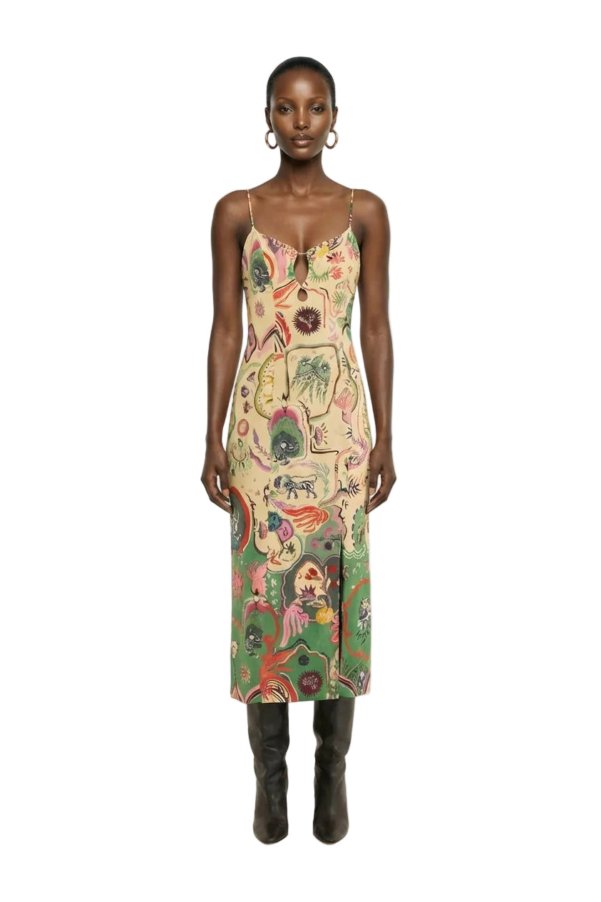 Beige Artsy Surreal Land Beaded Sleeveless Midi Dress