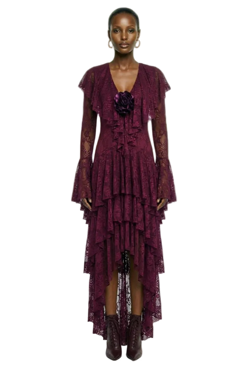 HI LOW LONG SLEEVE DEEP V RUFFLE GOWN