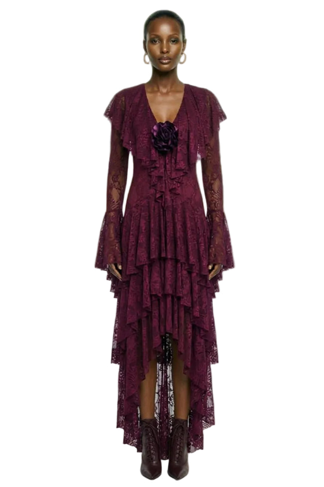 HI LOW LONG SLEEVE DEEP V RUFFLE GOWN Hover Image