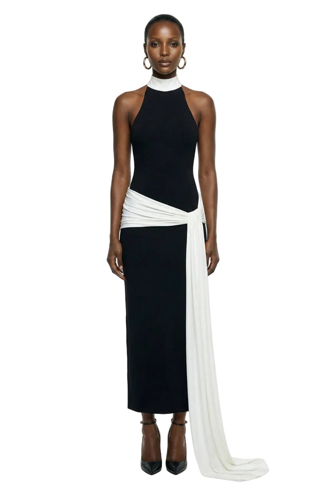 Dorinda | Black And White High-Neck Maxi Dress With Drape And Scarf-Detail Hover Image