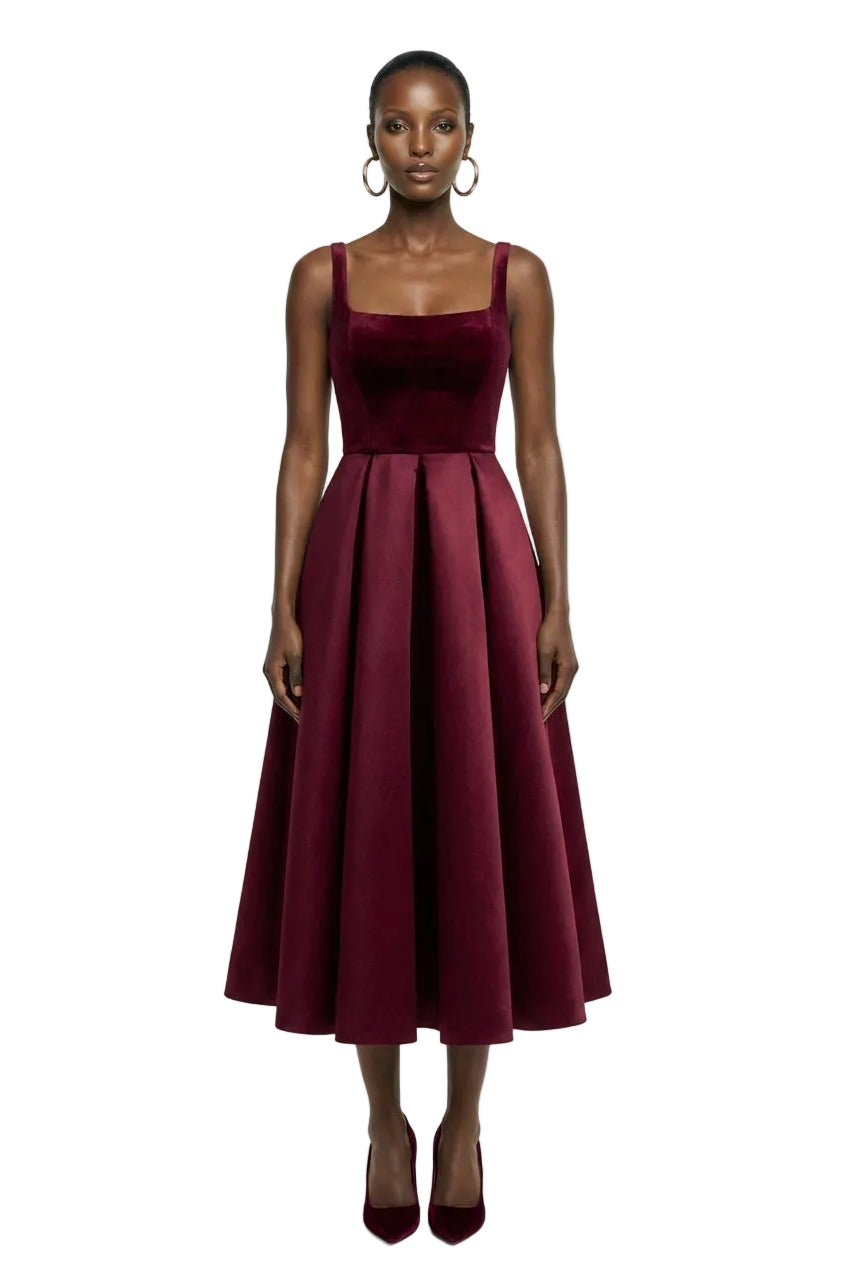 Francisca | Berry Velvet Strappy Volume-Hem Midi Dress