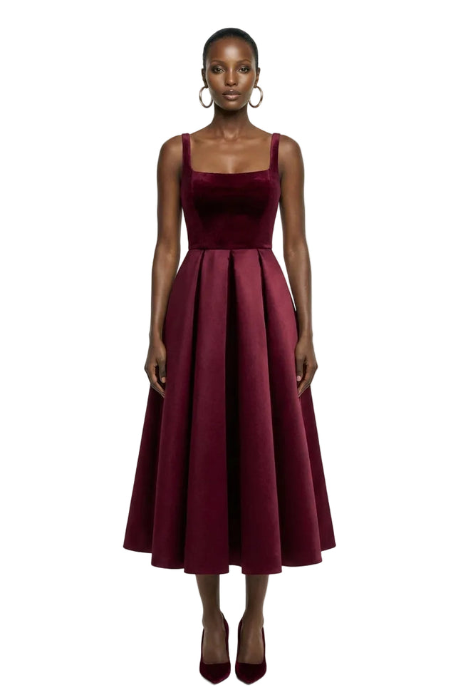Francisca | Berry Velvet Strappy Volume-Hem Midi Dress Hover Image