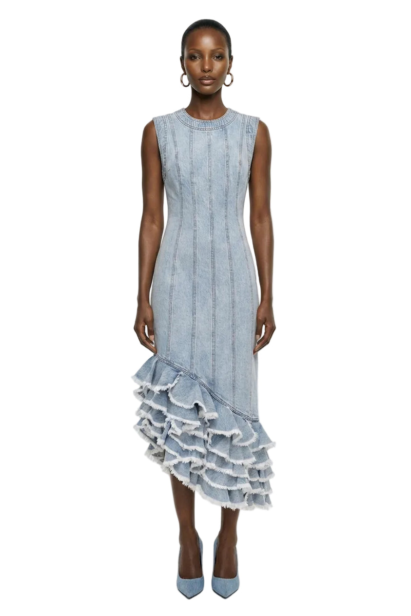 Tia Ruffle Denim Midi Dress