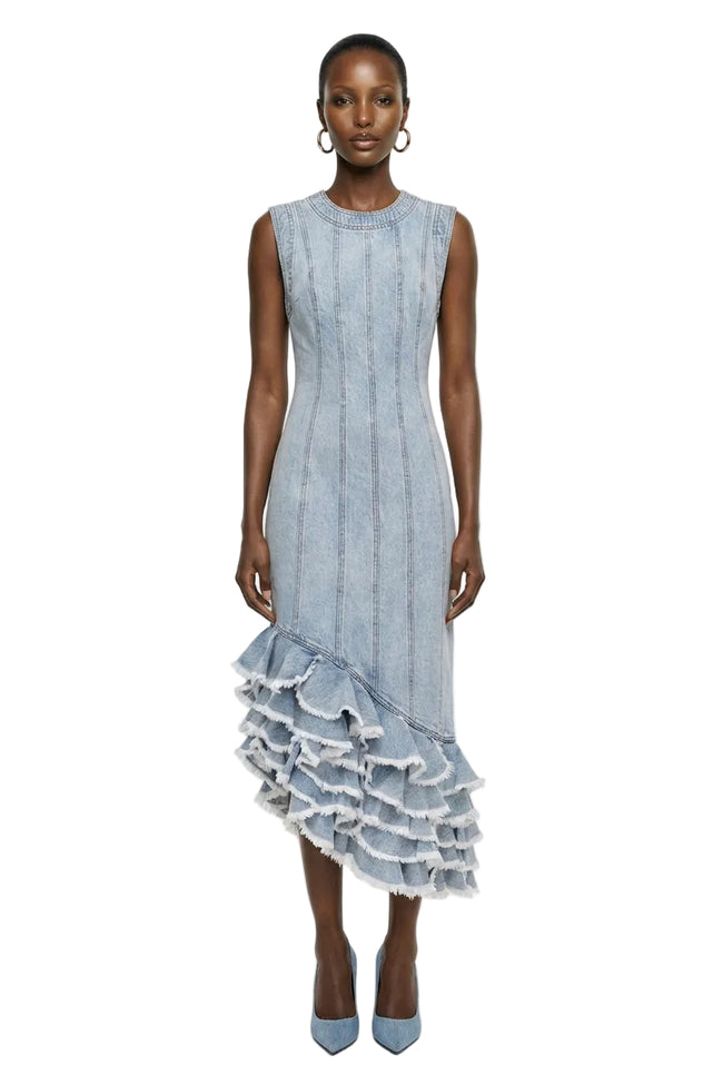 Tia Ruffle Denim Midi Dress Hover Image