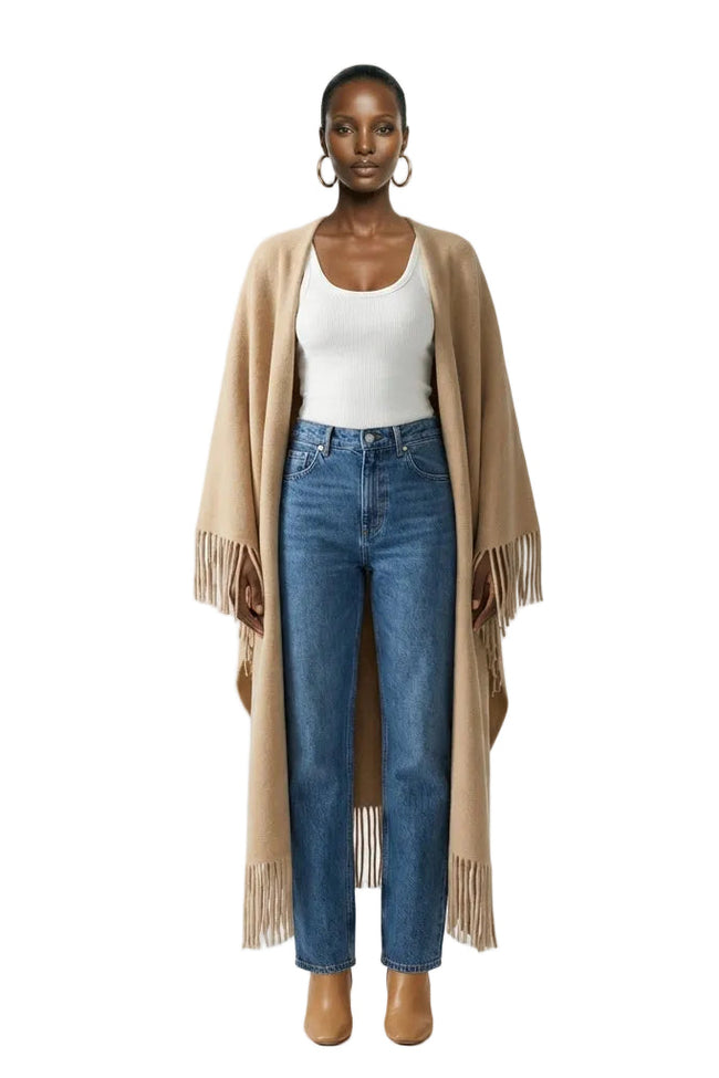 [PRE-ORDER]  The Nomadic Charm Solid Fringed Shawl Coat Hover Image