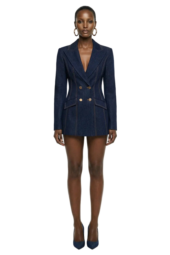 DOUBLE-BREASTED TAILORED DENIM BLAZER | Lili Blanc Hover Image