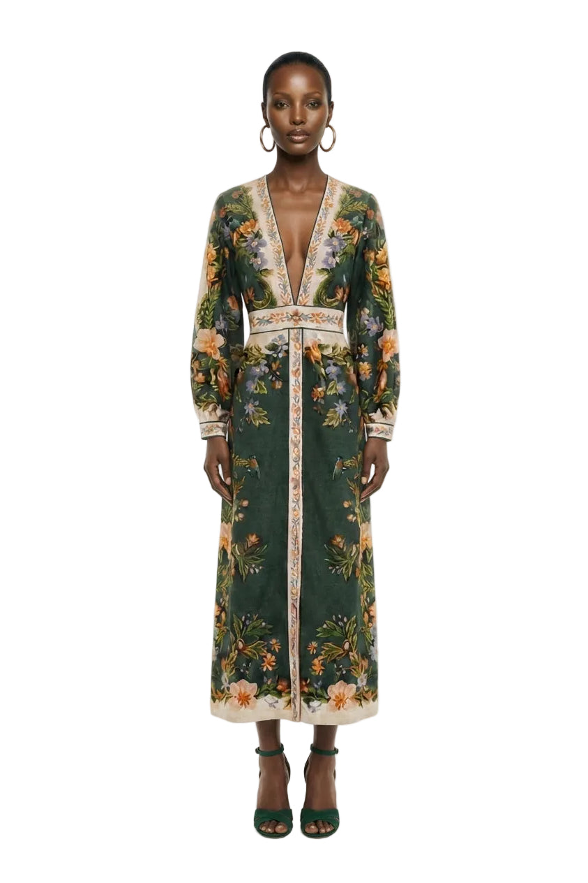 Green Nature V Neck Buttoned Maxi Dress