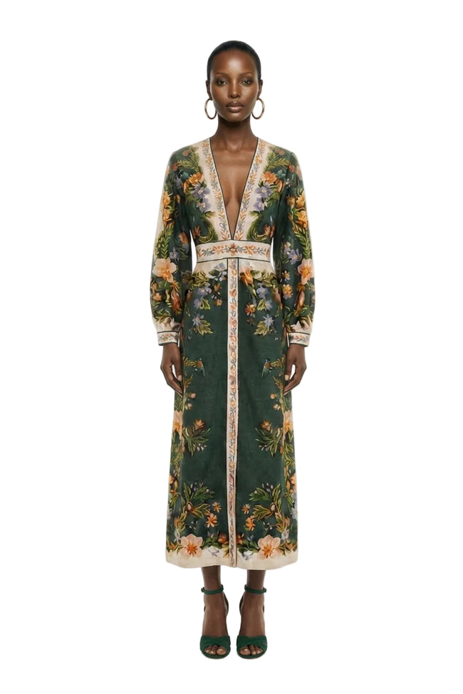 Green Nature V Neck Buttoned Maxi Dress Hover Image