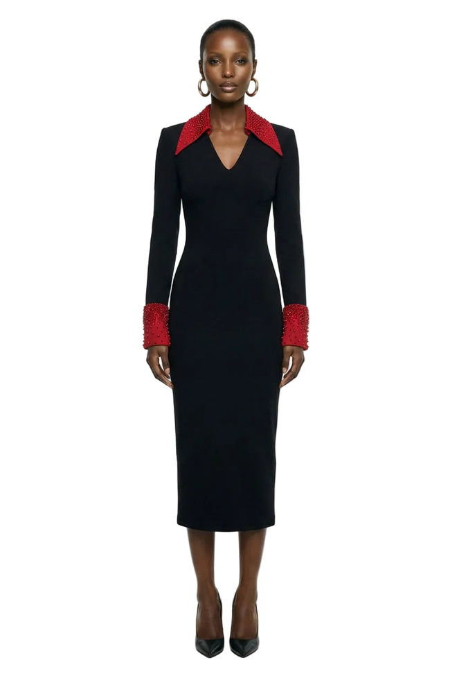 V-NECK FLARED CUFF KNEE LENGTH DRESS IN BLACK AND RED | I.H.F Studio Hover Image