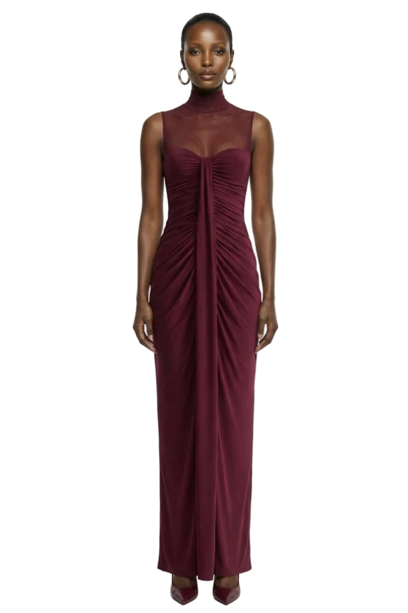Brialle | Burgundy High-Neck Maxi Dress With Mesh And Gathered-Detailing
