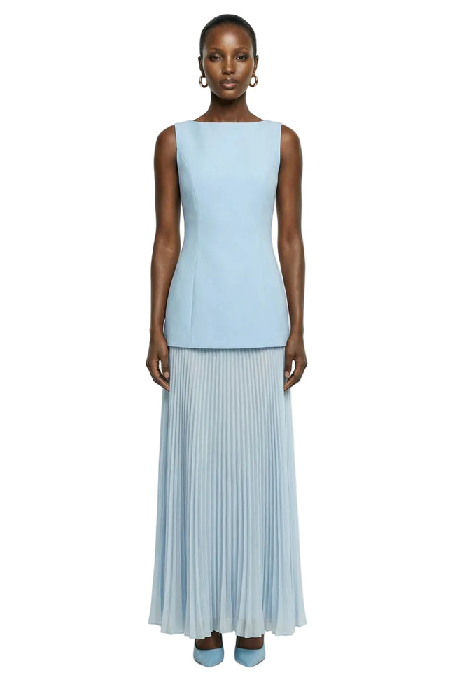 Hadley | Powder Blue Boat-Neck Maxi Dress With Drop-Waist Hover Image