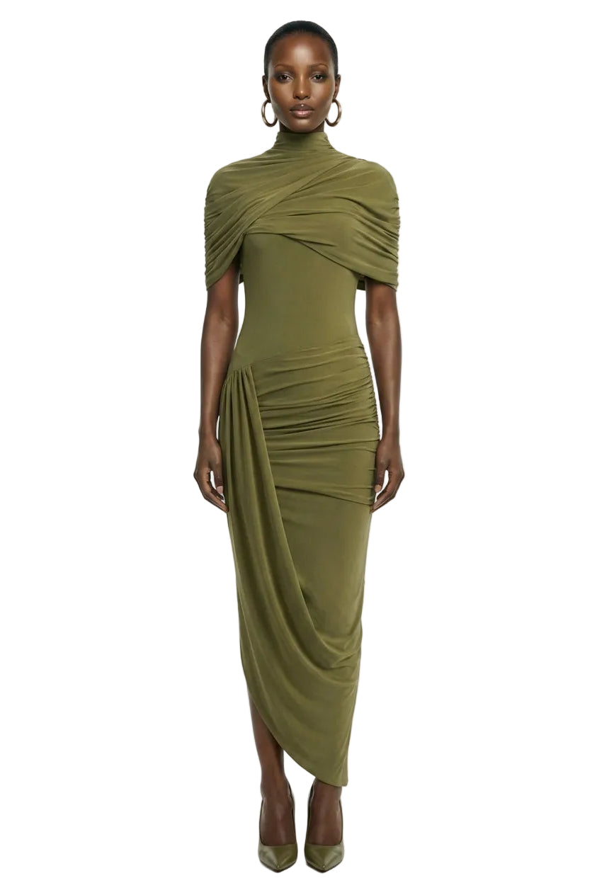 Enchant | Olive Asymmetric Twisted Cape Midi Dress
