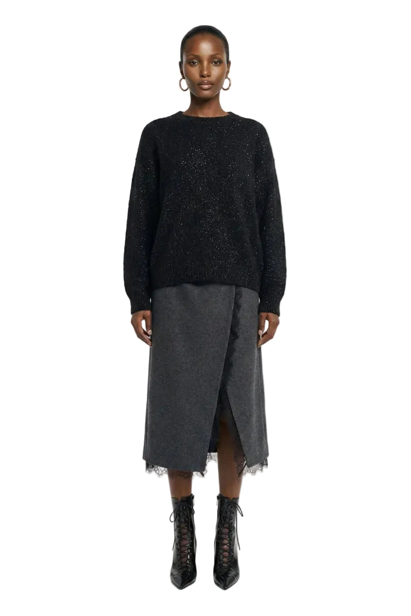 Wool Blend Overlap Detail Laced Midi Skirts