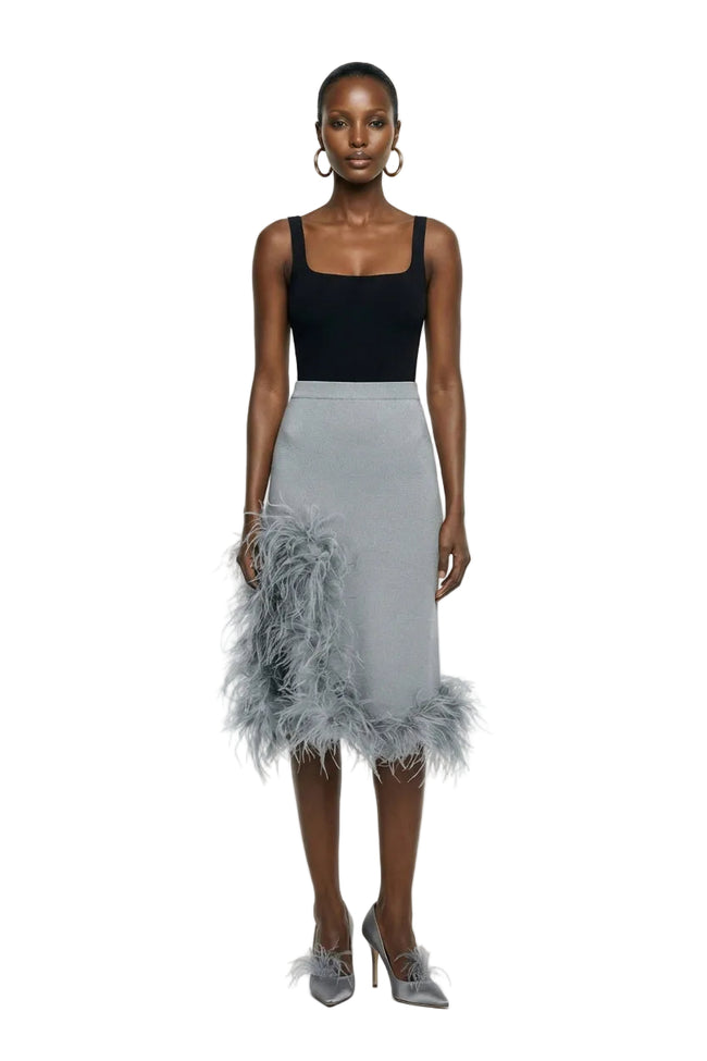 GREY CASHMERE KNIT SKIRT WITH FEATHERS | Andreeva Hover Image