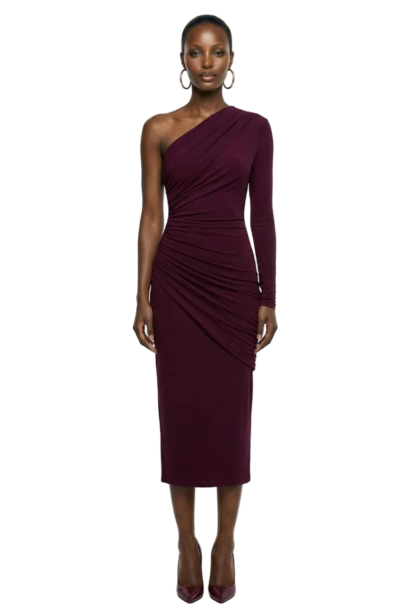 Perrie | Burgundy Asymmetric-Neck Maxi Dress With Ruched Detailing