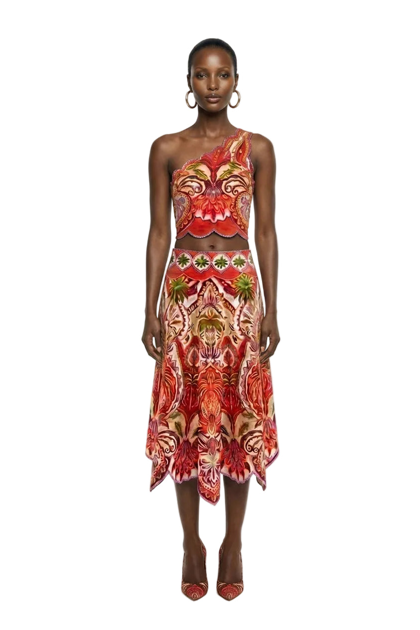 Red Odara Scallops Lenzing Ecovero Euroflax Midi Skirt