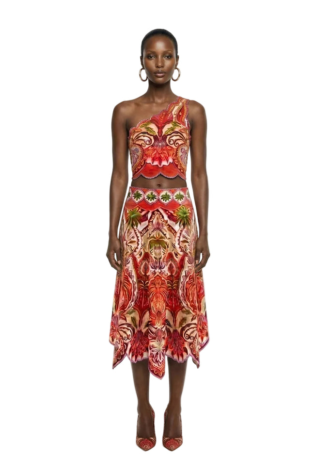 Red Odara Scallops Lenzing Ecovero Euroflax Midi Skirt Hover Image
