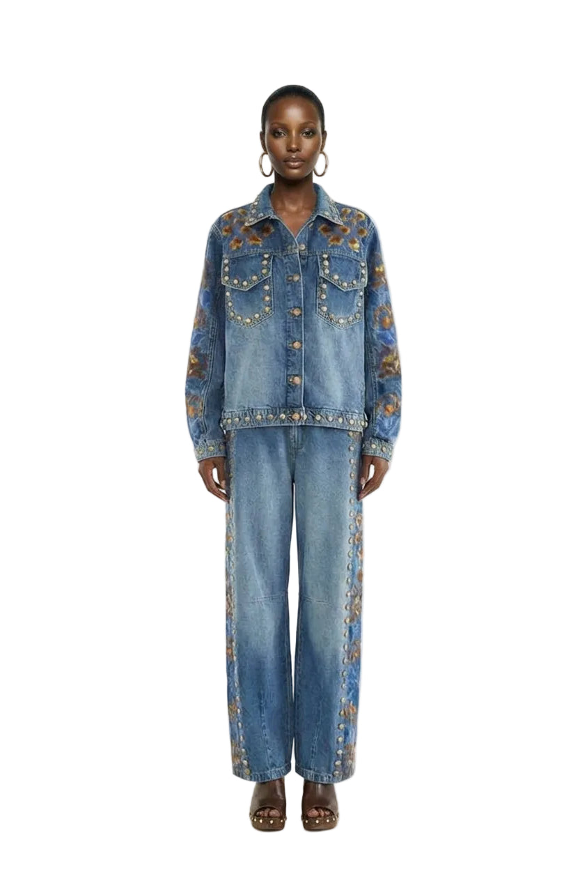 Denim Metal Details Embroidered High Waist Pants