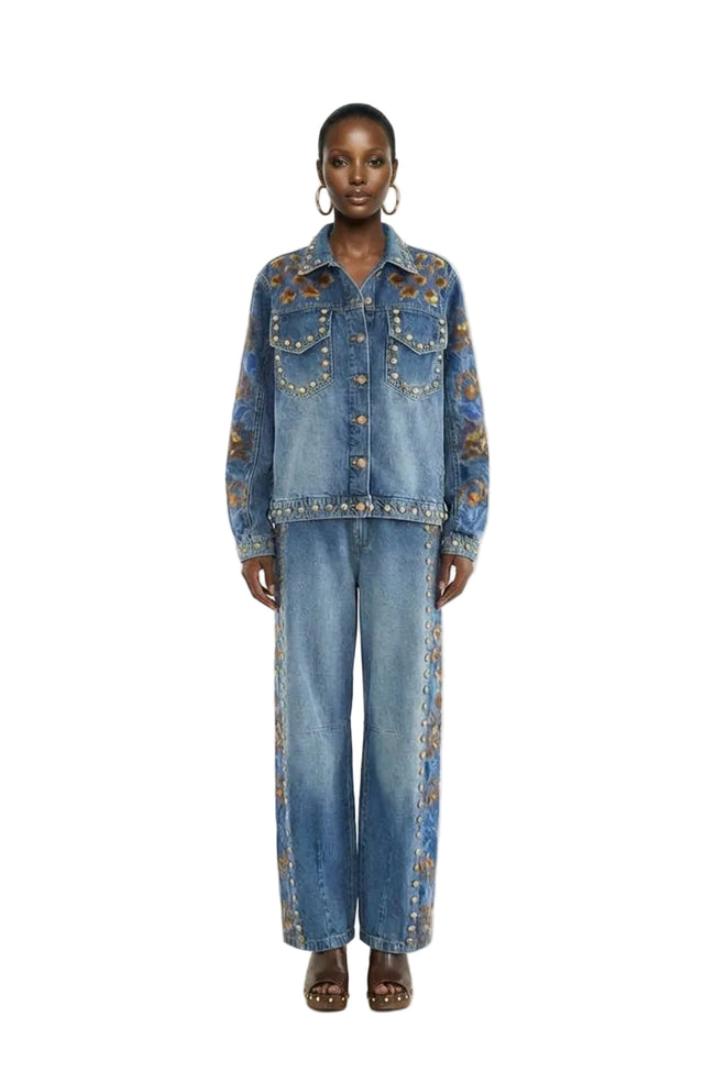 Denim Metal Details Embroidered High Waist Pants Hover Image