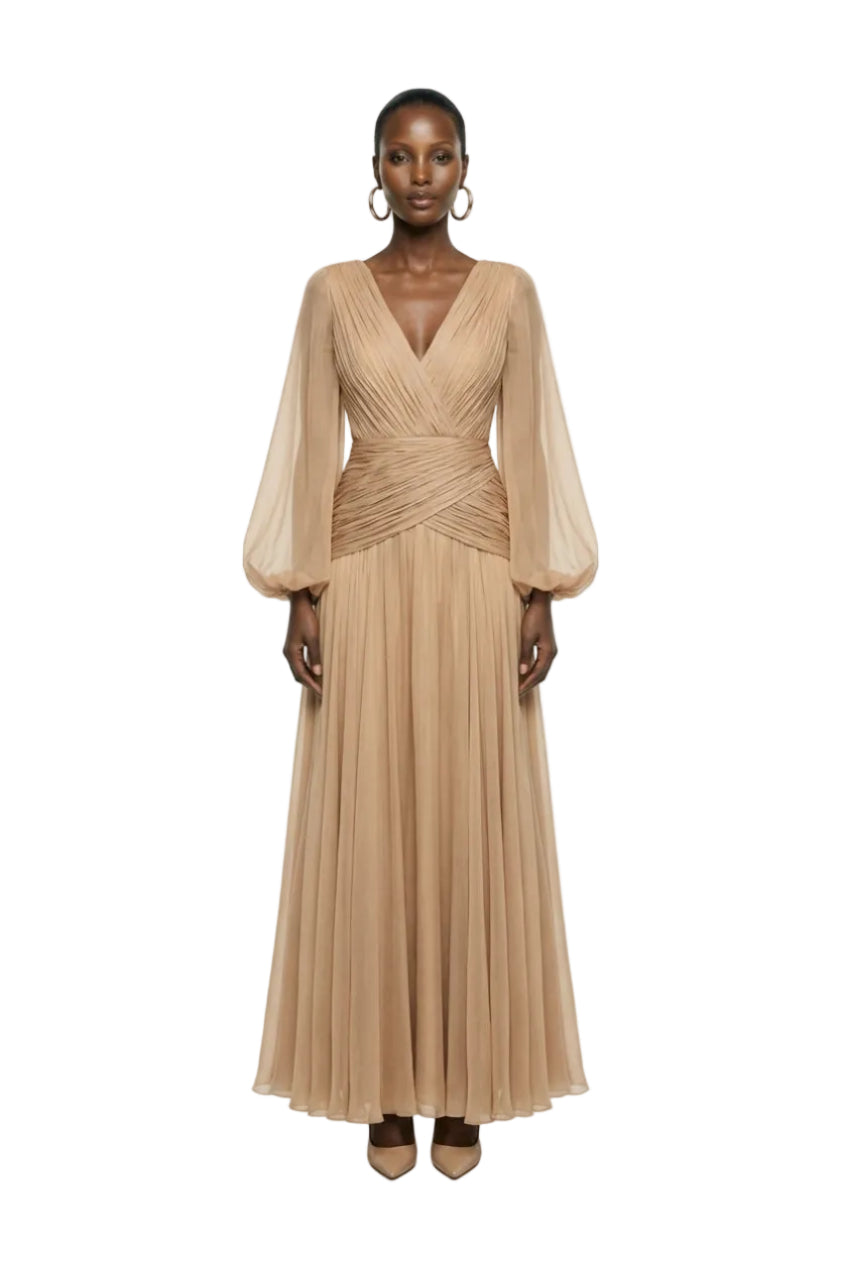 BEIGE V-NECK LONG-SLEEVE MAXI DRESS | CEM