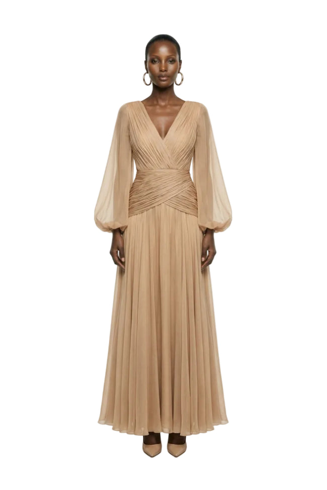 BEIGE V-NECK LONG-SLEEVE MAXI DRESS | CEM Hover Image