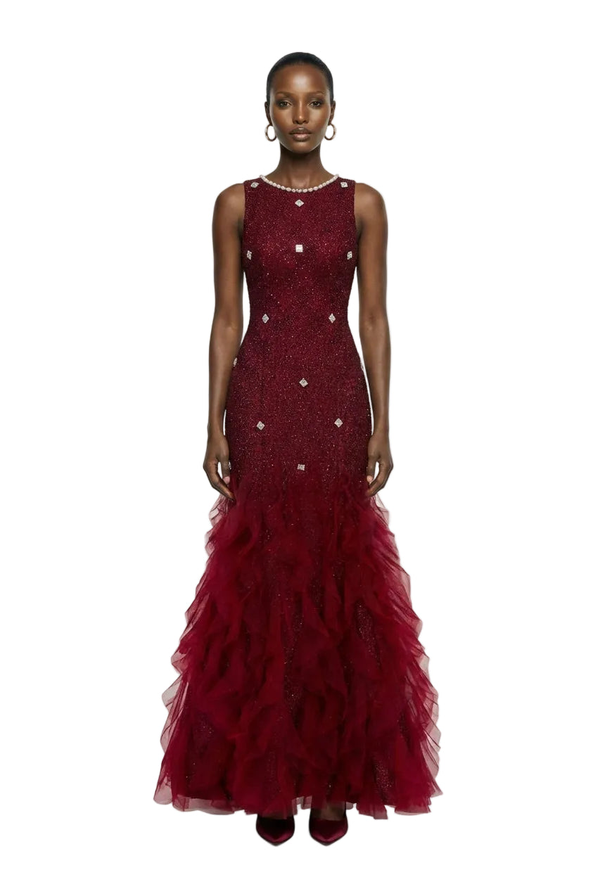 POTTER MERMAID JEWEL NECK ORGANZA MAXI DRESS IN RED | HAPPY CLOTHING