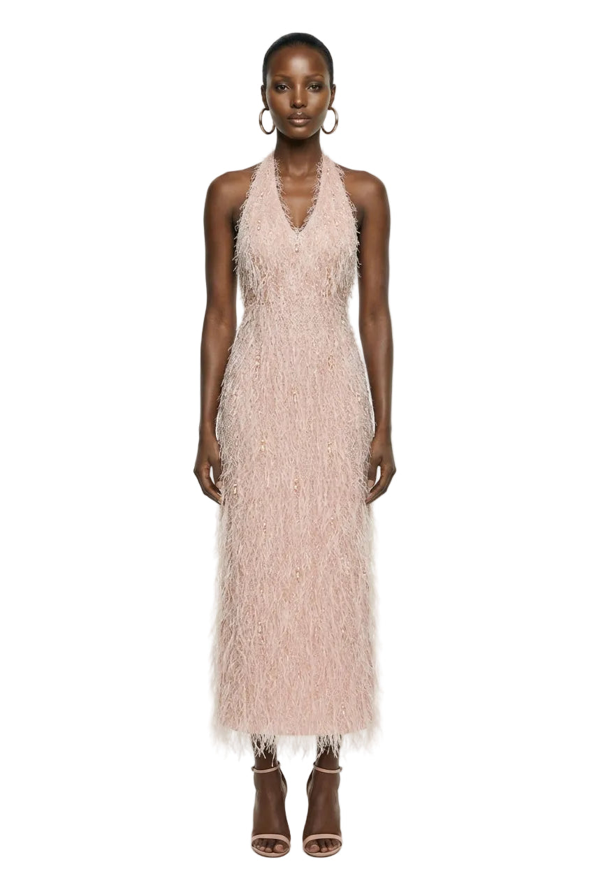 V-NECK FEATHER POLYESTER FLOOR LENGTH DRESS | HAPPY CLOTHING